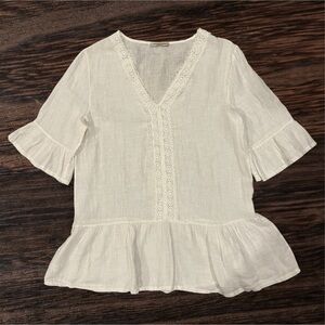 Francesca Bettini Linen Lace White Boho Tunic Top V-Neck Bell Sleeves Sz M ITALY